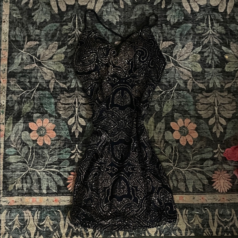 Lovely Day Black and Gold Patterned Mini Dress